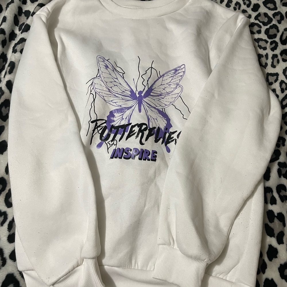 SHEIN White and Purple Butterfly Sweatshirt